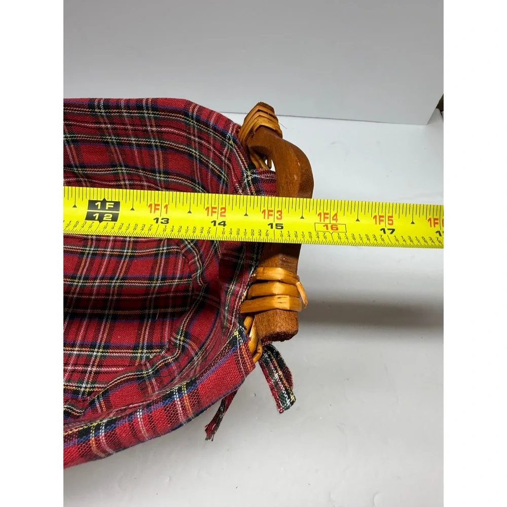 Vintage Wicker Bread Basket with Red Tartan Plaid Liner and Wooden Handles